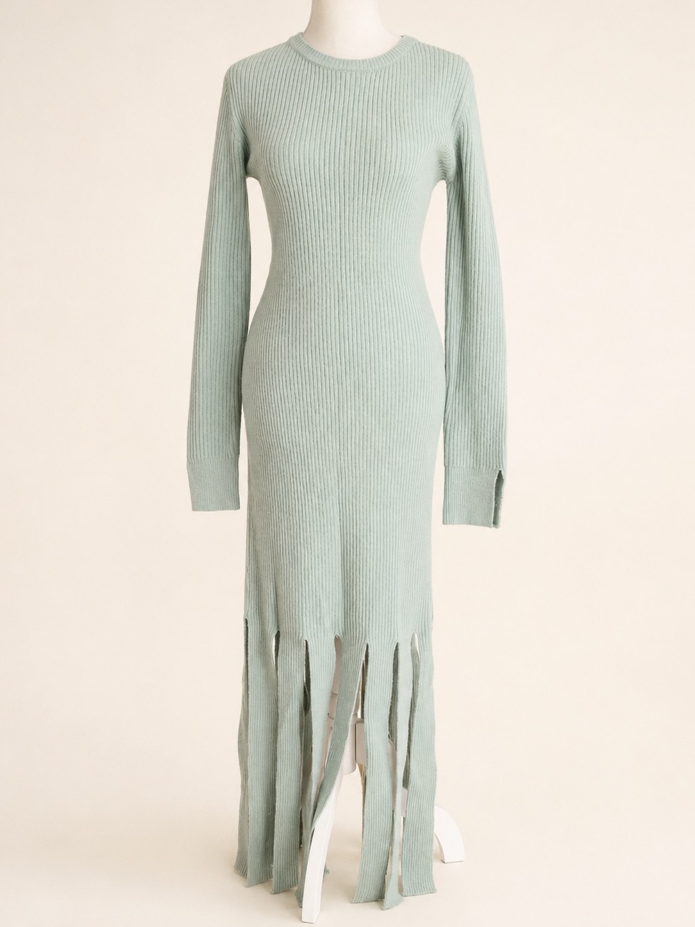 Ribbed Knit Long-Sleeve Fringe Hem Dress in Icy Blue - Medium - Never Worn